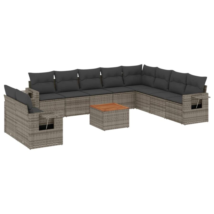 11-delige Loungeset met kussens poly rattan grijs - Afbeelding 2