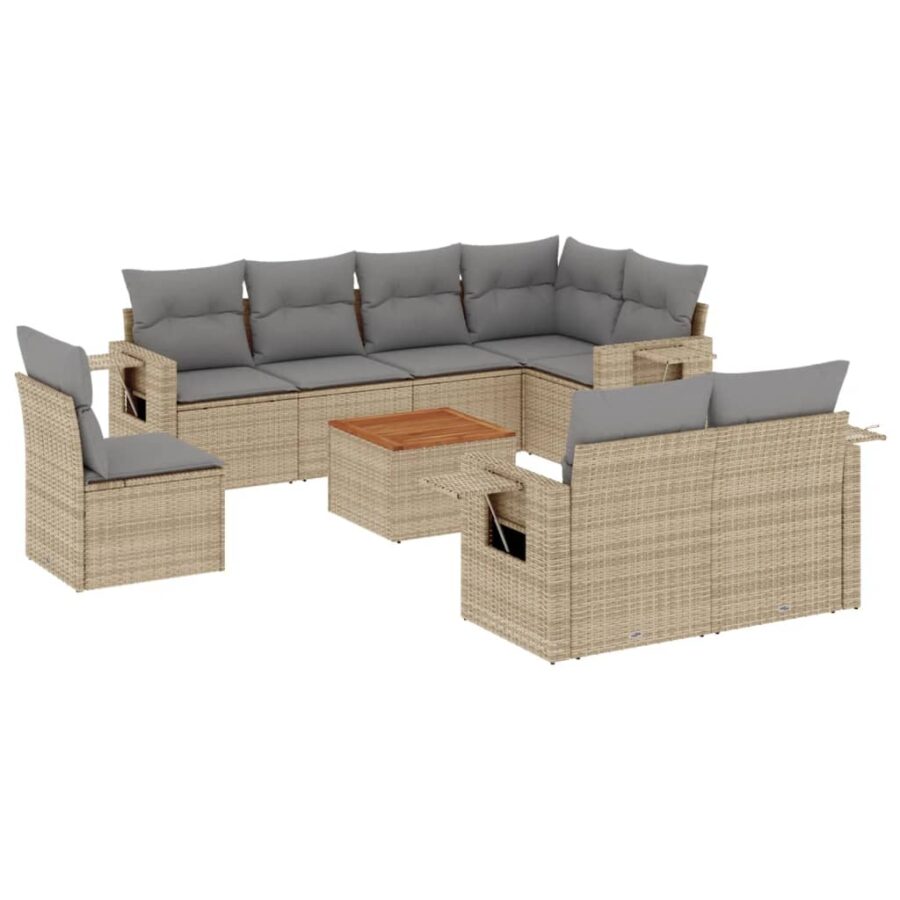 9-delige Loungeset met kussens poly rattan beige - Afbeelding 2