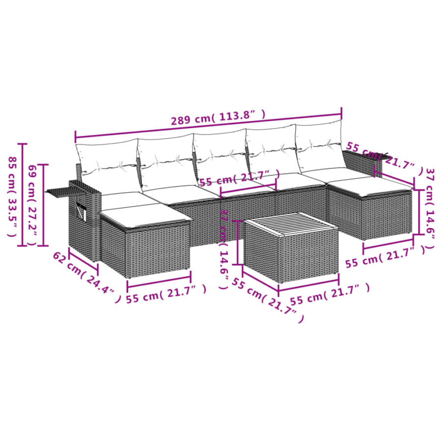 8-delige Loungeset met kussens poly rattan grijs - Afbeelding 9