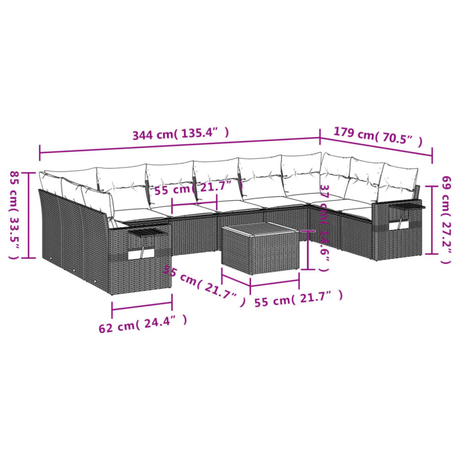 11-delige Loungeset met kussens poly rattan grijs - Afbeelding 10