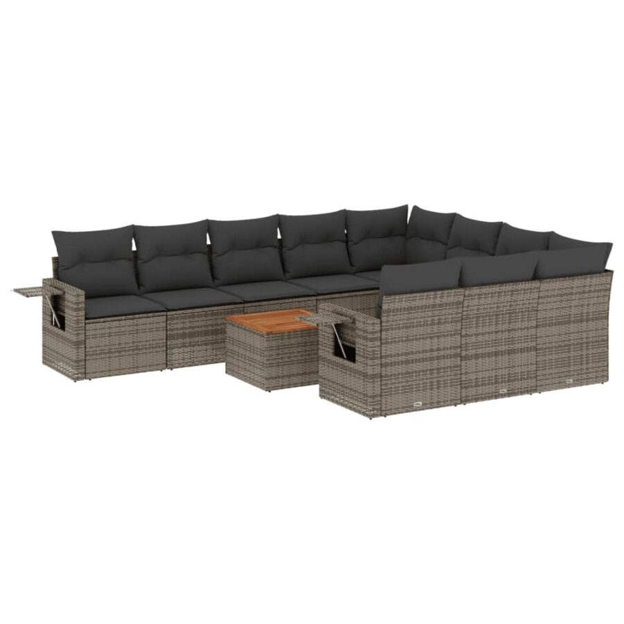 11-delige Loungeset met kussens poly rattan grijs - Afbeelding 2