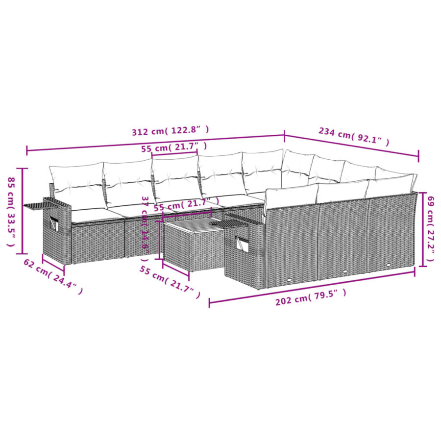 11-delige Loungeset met kussens poly rattan grijs - Afbeelding 10