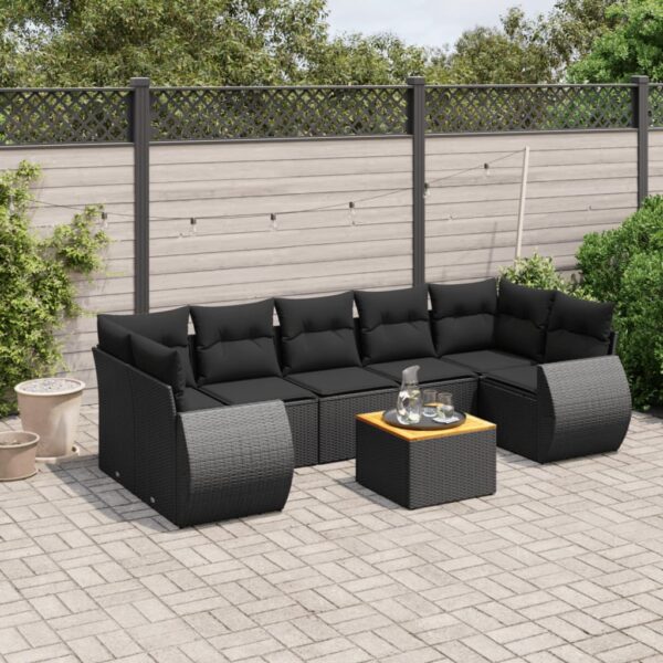 8-delige Loungeset met kussens poly rattan zwart