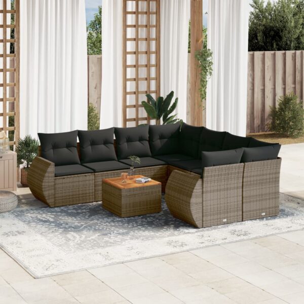 9-delige Loungeset met kussens poly rattan grijs