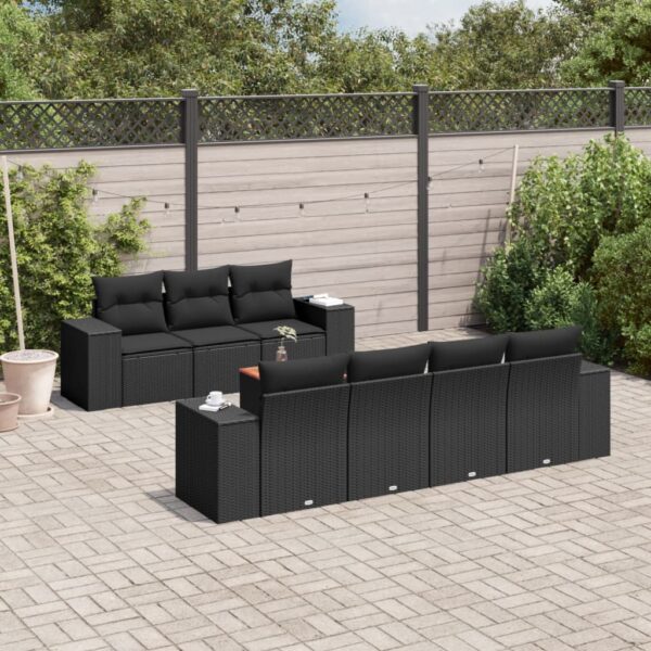 8-delige Loungeset met kussens poly rattan zwart