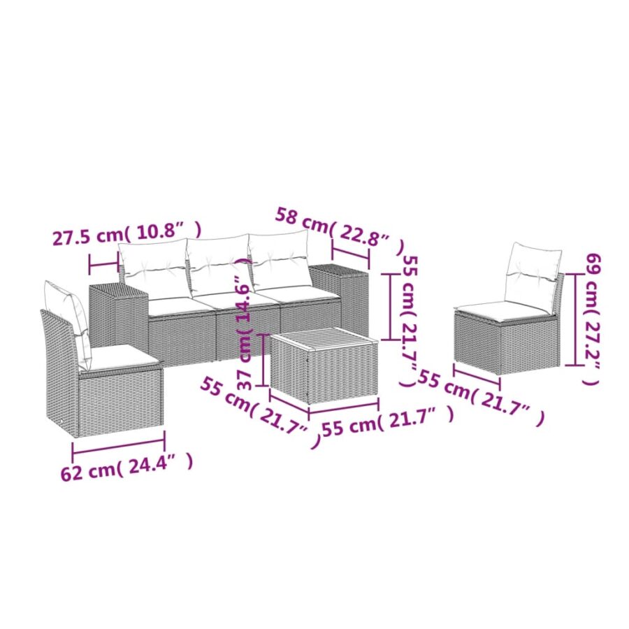 6-delige Loungeset met kussens poly rattan zwart - Afbeelding 3