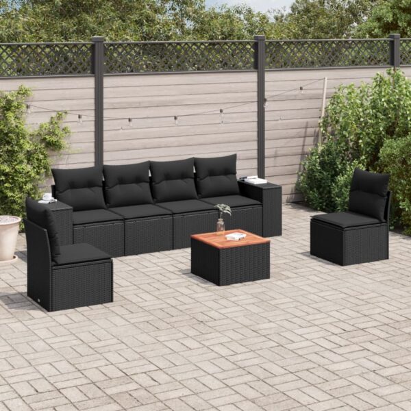 7-delige Loungeset met kussens poly rattan zwart
