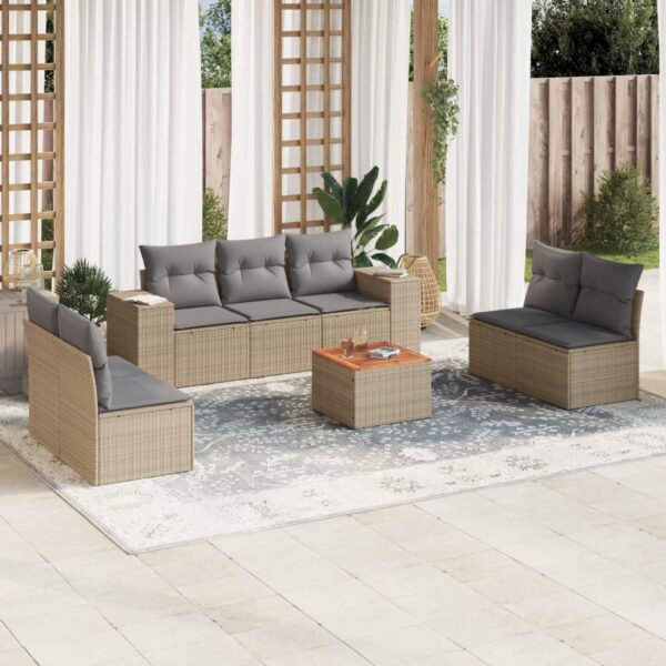 8-delige Loungeset met kussens poly rattan beige