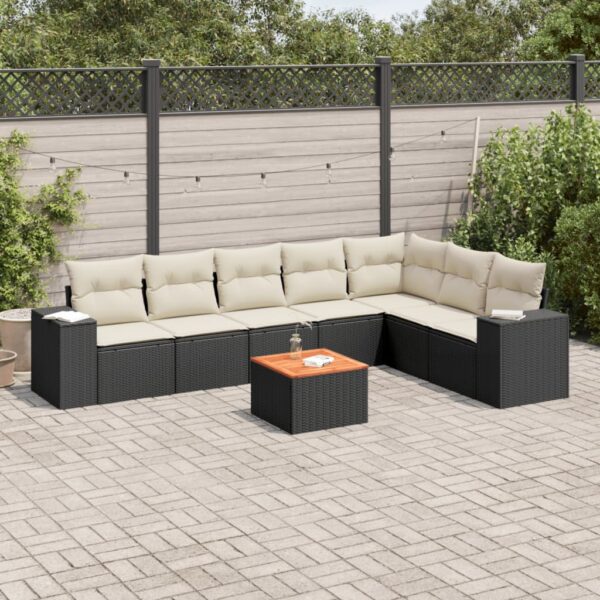 8-delige Loungeset met kussens poly rattan zwart