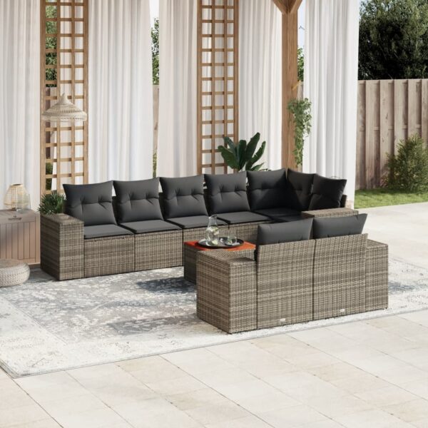 9-delige Loungeset met kussens poly rattan grijs