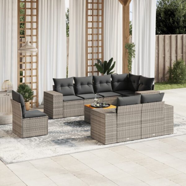 9-delige Loungeset met kussens poly rattan grijs