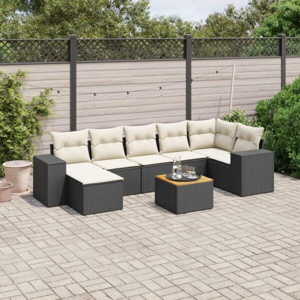 8-delige Loungeset met kussens poly rattan zwart
