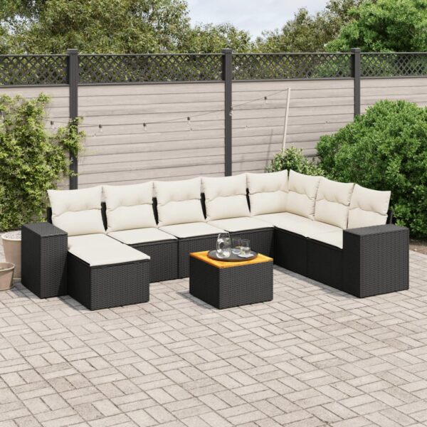 9-delige Loungeset met kussens poly rattan zwart