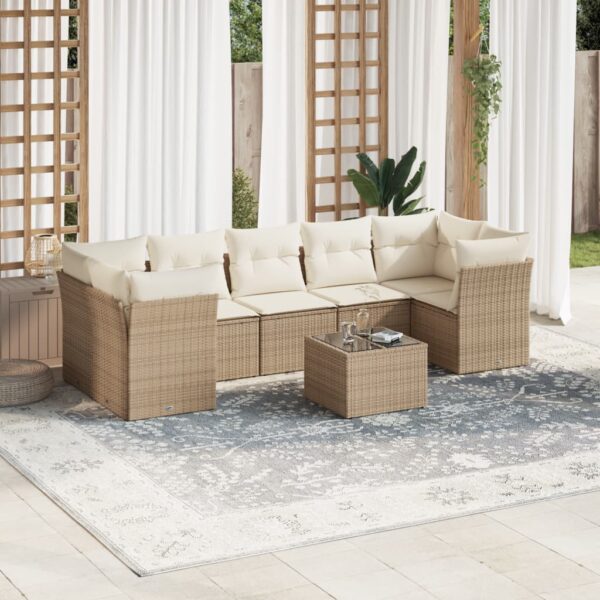 8-delige Loungeset met kussens poly rattan beige