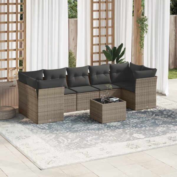 8-delige Loungeset met kussens poly rattan grijs