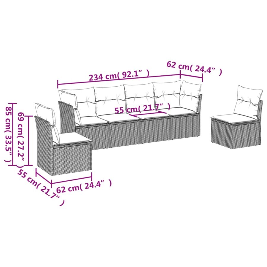 6-delige Loungeset met kussens poly rattan beige - Afbeelding 3