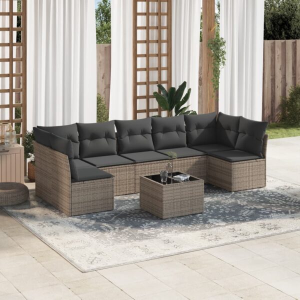 8-delige Loungeset met kussens poly rattan grijs