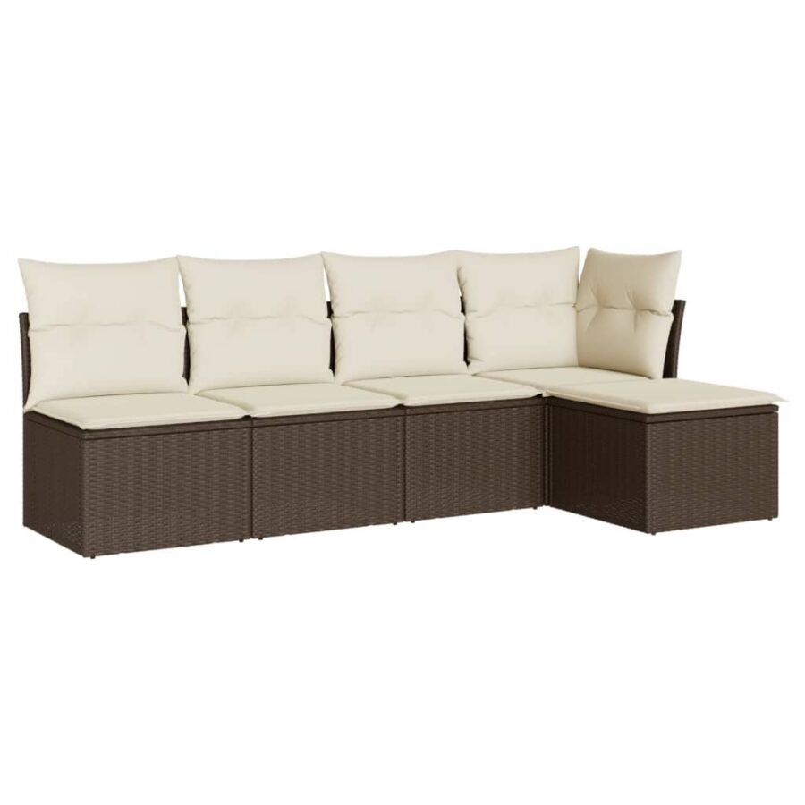 5-delige Loungeset met kussens poly rattan bruin - Afbeelding 2
