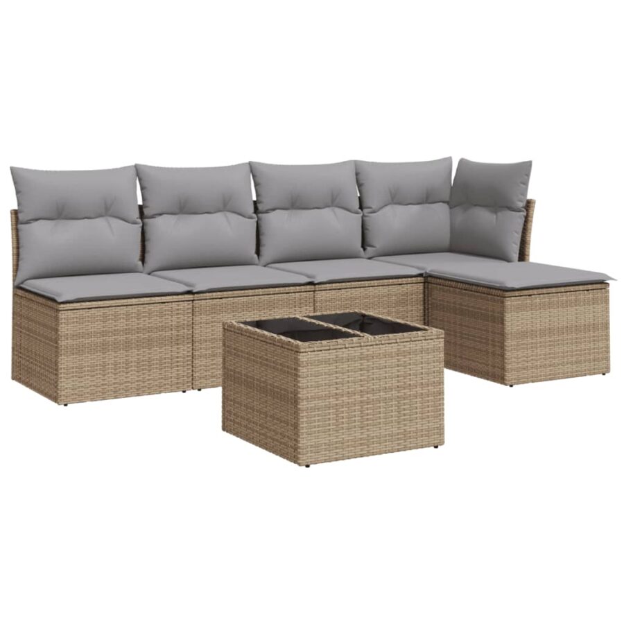 6-delige Loungeset met kussens poly rattan beige - Afbeelding 2