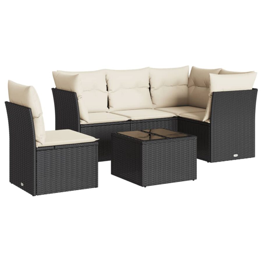 6-delige Loungeset met kussens poly rattan zwart - Afbeelding 2