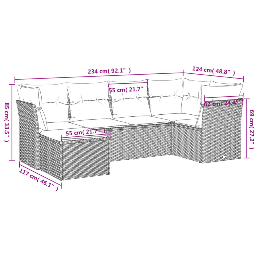 6-delige Loungeset met kussens poly rattan grijs - Afbeelding 3