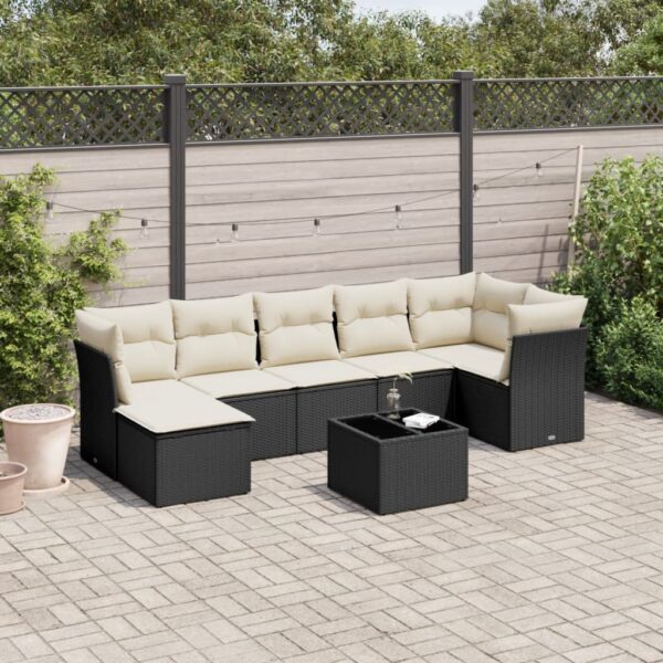 8-delige Loungeset met kussens poly rattan zwart