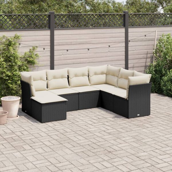 7-delige Loungeset met kussens poly rattan zwart