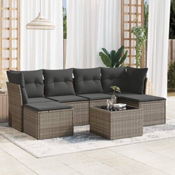 7-delige Loungeset met kussens poly rattan grijs