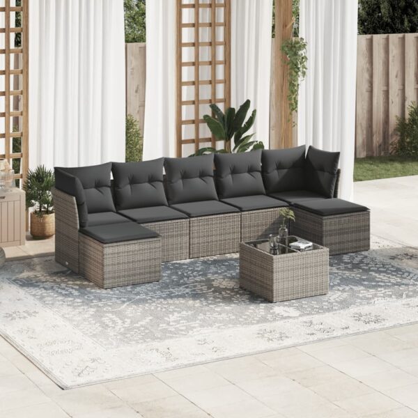 8-delige Loungeset met kussens poly rattan grijs