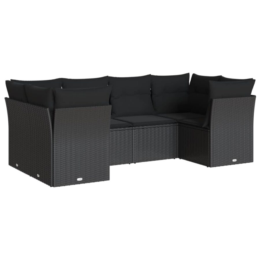 6-delige Loungeset met kussens poly rattan zwart - Afbeelding 2