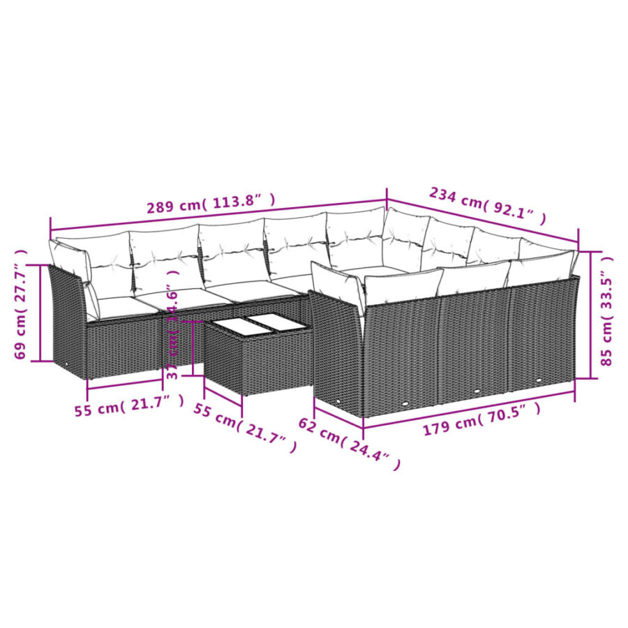 11-delige Tuinset met kussens poly rattan beige - Afbeelding 3