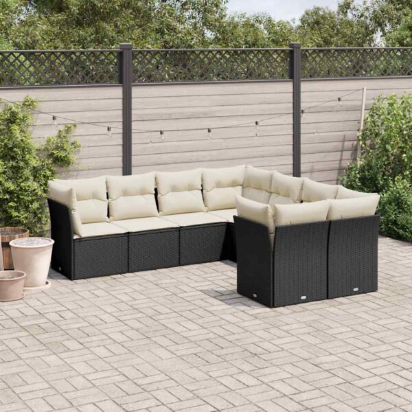 8-delige Loungeset met kussens poly rattan zwart