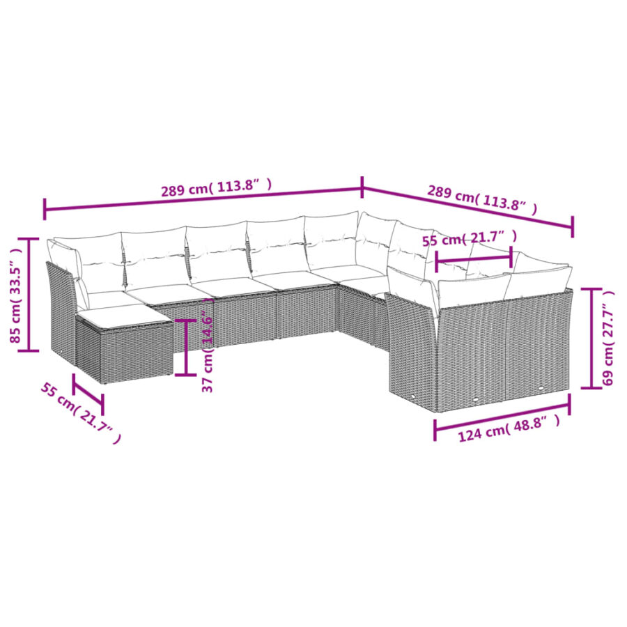 11-delige Tuinset met kussens poly rattan beige - Afbeelding 3