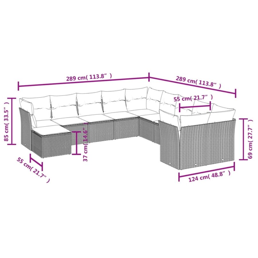 11-delige Loungeset met kussens poly rattan bruin - Afbeelding 3