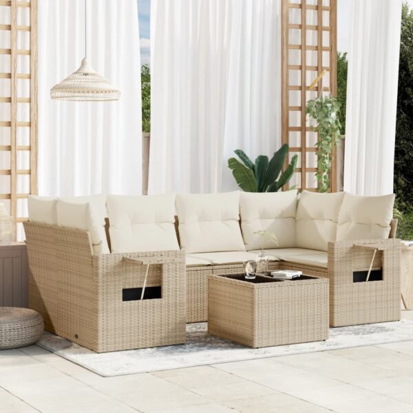 7-delige Loungeset met kussens poly rattan beige