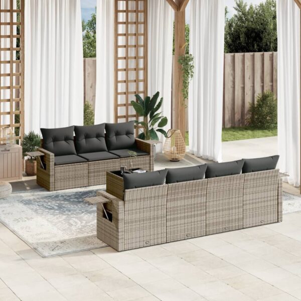 8-delige Loungeset met kussens poly rattan grijs
