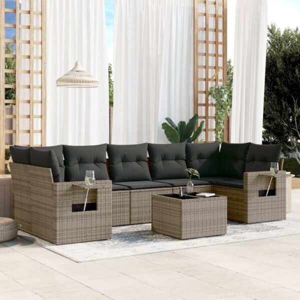 8-delige Loungeset met kussens poly rattan grijs