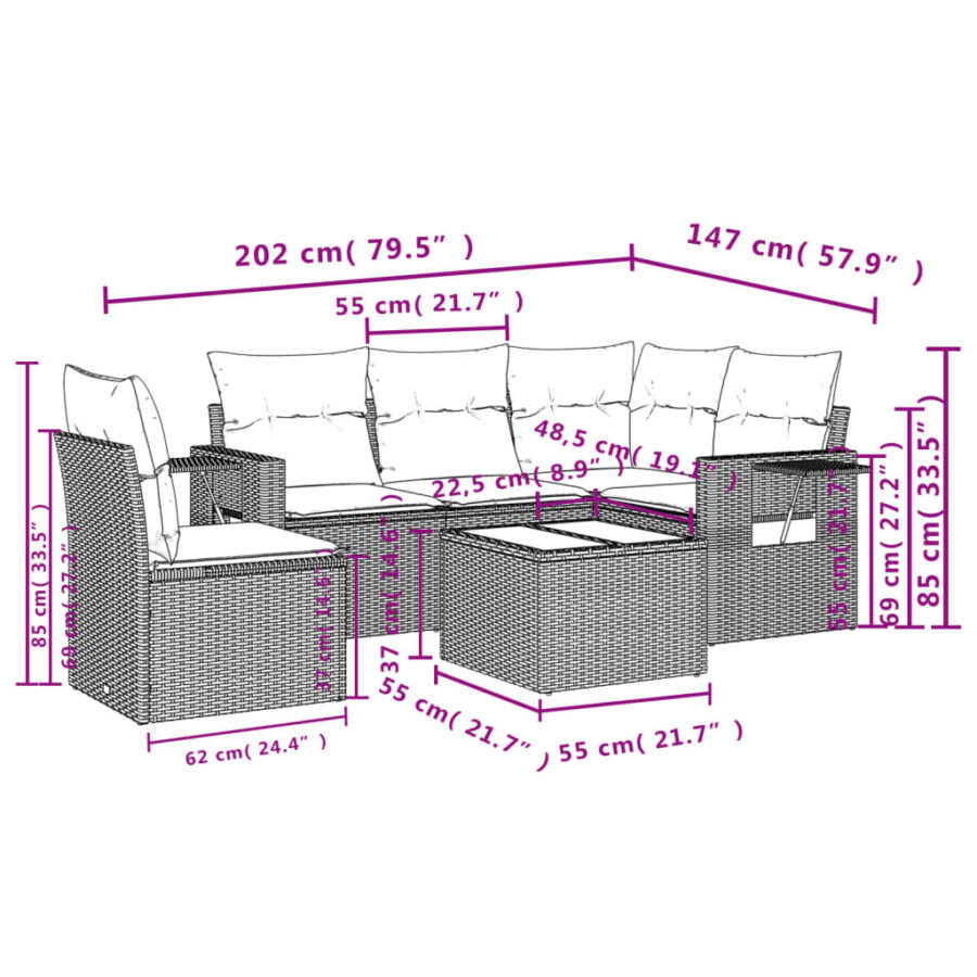 6-delige Loungeset met kussens poly rattan zwart - Afbeelding 9