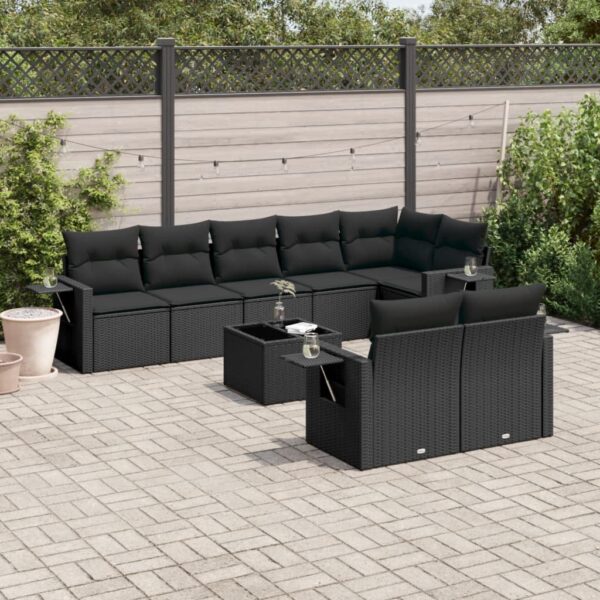 9-delige Loungeset met kussens poly rattan zwart