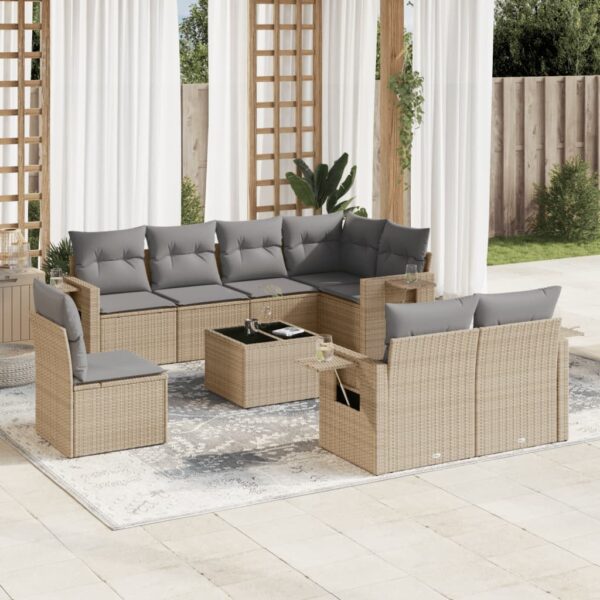 9-delige Loungeset met kussens poly rattan beige