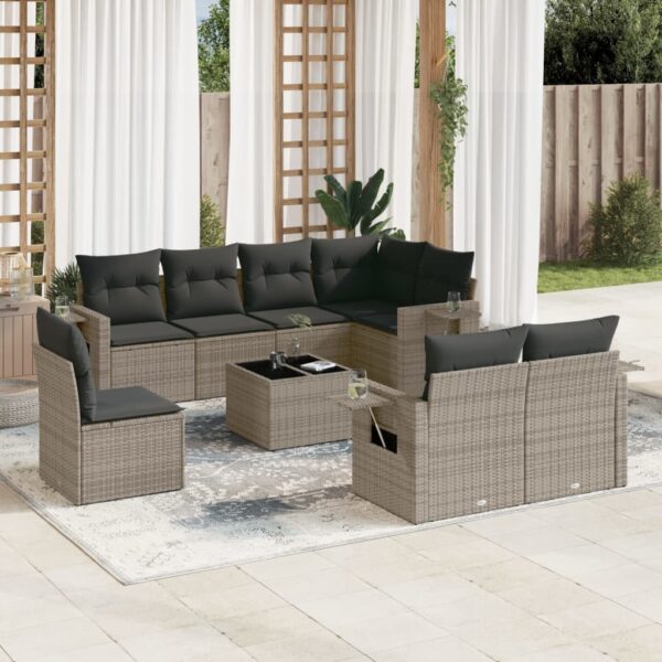 9-delige Loungeset met kussens poly rattan grijs