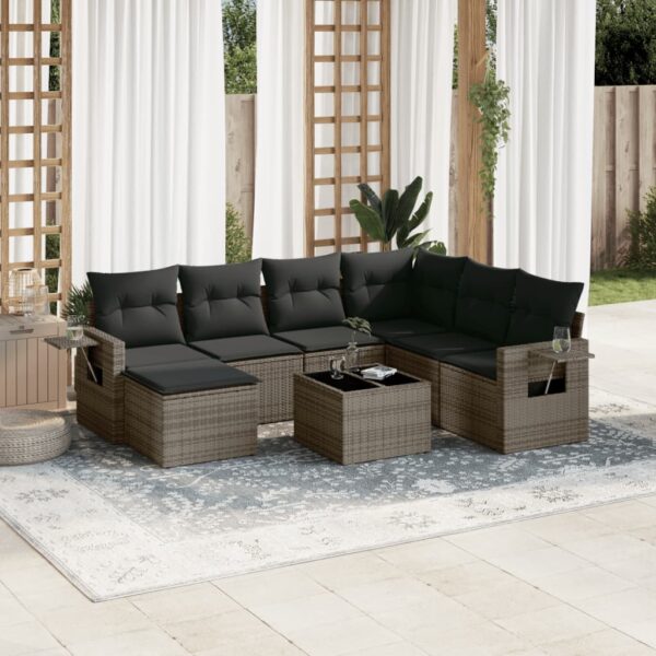 8-delige Loungeset met kussens poly rattan grijs