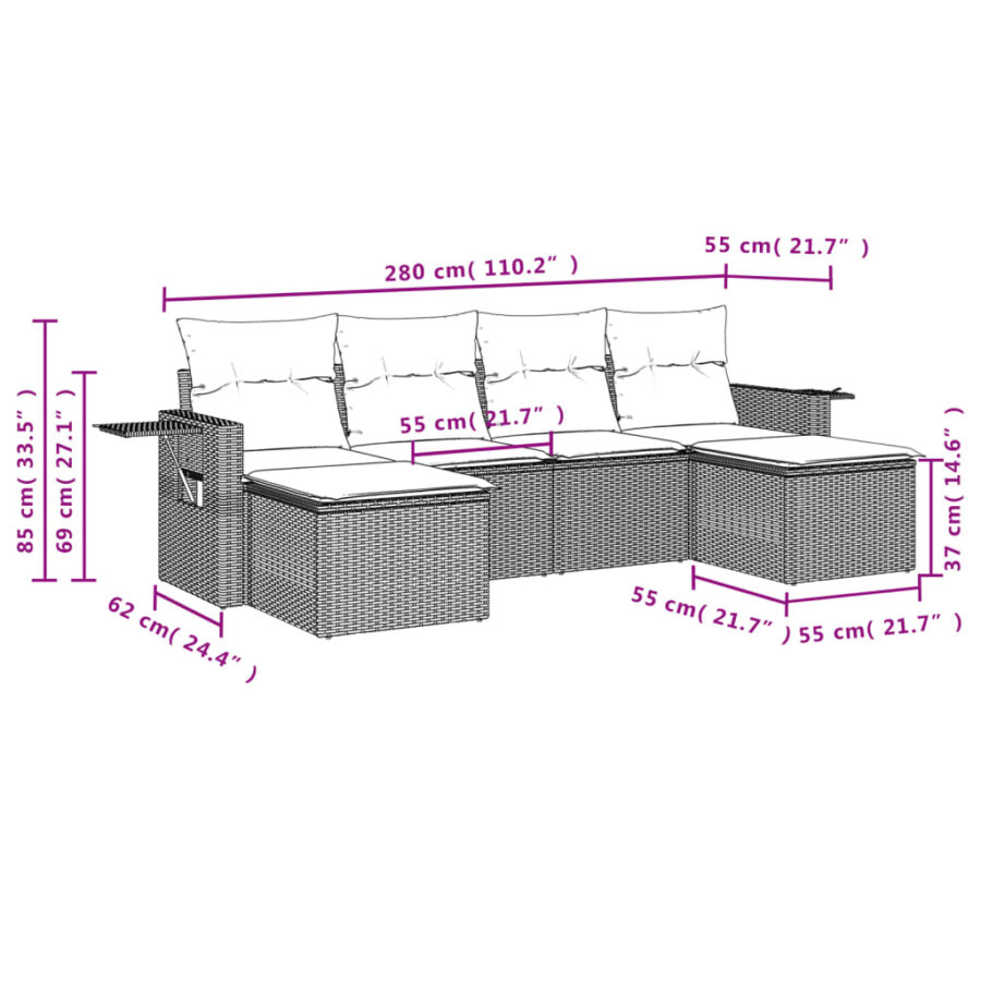 6-delige Loungeset met kussens poly rattan bruin - Afbeelding 8