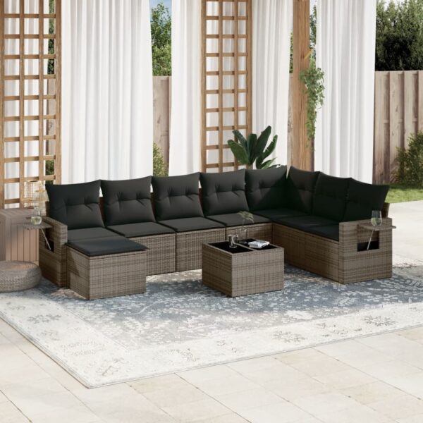 9-delige Loungeset met kussens poly rattan grijs