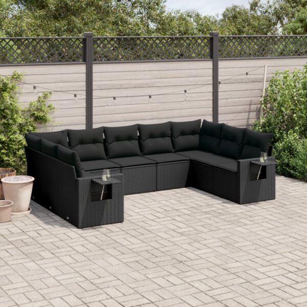 9-delige Loungeset met kussens poly rattan zwart
