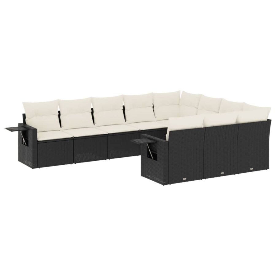 10-delige Loungeset met kussens poly rattan zwart - Afbeelding 2