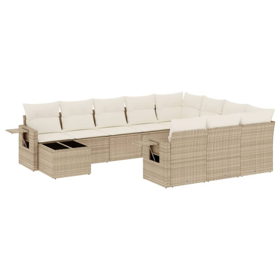 11-delige Tuinset met kussens poly rattan beige - Afbeelding 2