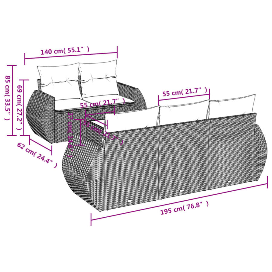 6-delige Loungeset met kussens poly rattan zwart - Afbeelding 3
