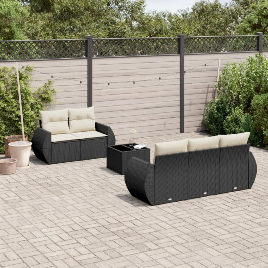 6-delige Loungeset met kussens poly rattan zwart