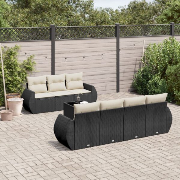 8-delige Loungeset met kussens poly rattan zwart